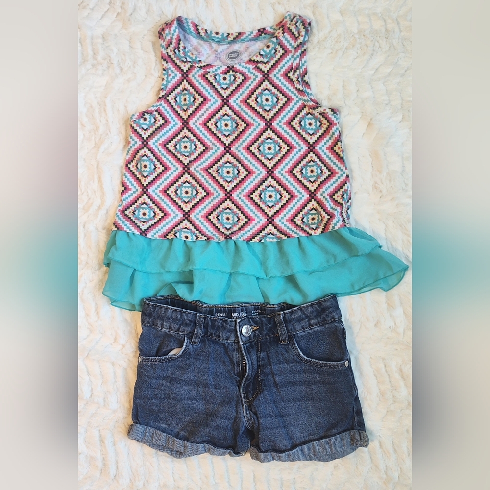 Wonder Nation Multicolor Geometric Tank Top with Turquoise Ruffle & Denim Shorts